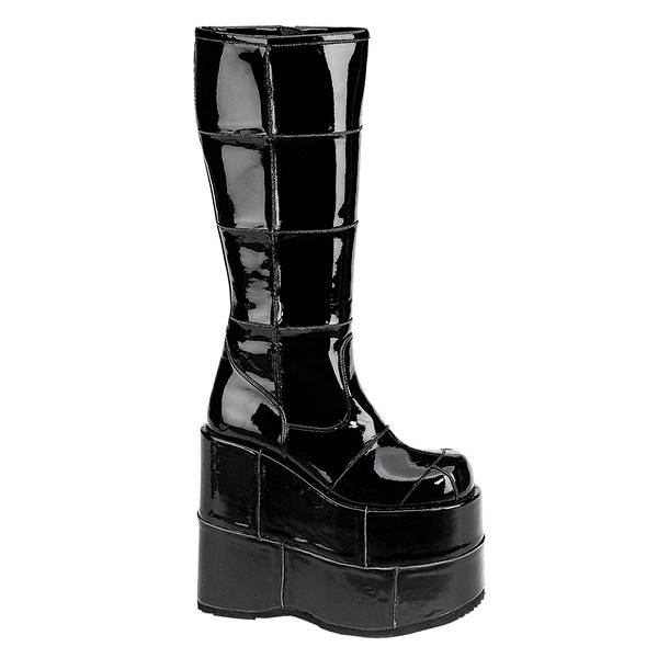 Demonia Stack-301 Black Patent Stiefel Herren D725-039 Gothic Kniehohe Stiefel Schwarz Deutschland SALE